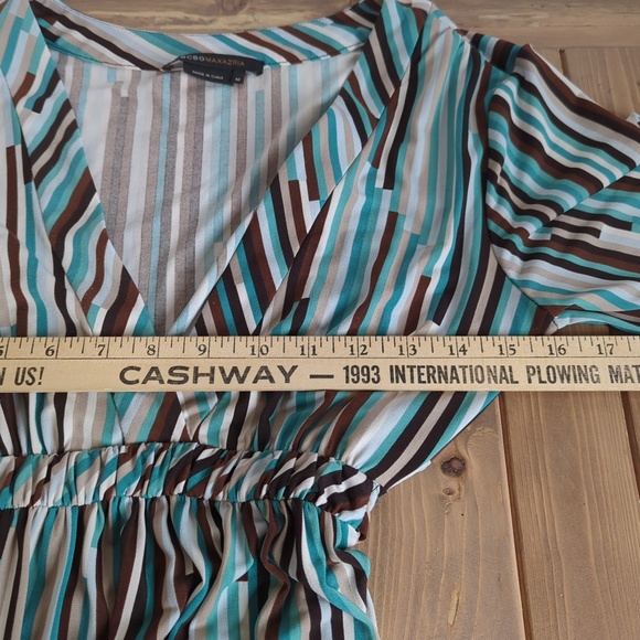 BCBGMaxAzria Retro Teal Blue Brown Striped Dress V Neck 3/4 Sleeves - Picture 9 of 13